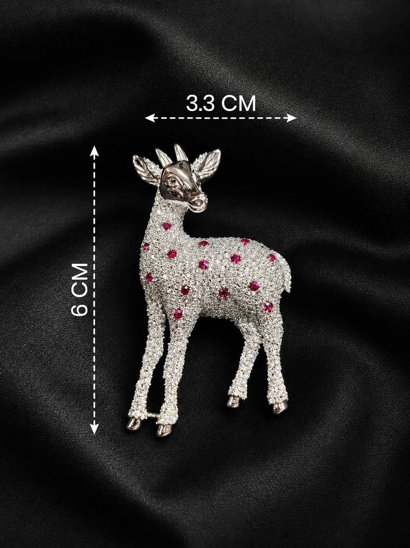 Silver-toned crystal deer brooch pin with ruby red stones 