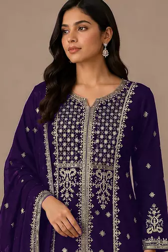 Dark purple color embroideried faux georgette semi stitched salwar suit