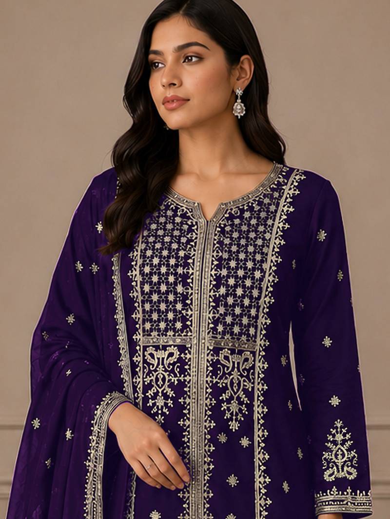 Dark purple color embroideried faux georgette semi stitched salwar suit