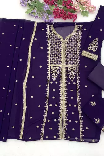 Dark purple color embroideried faux georgette semi stitched salwar suit