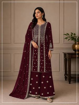 Maroon color embroideried faux georgette semi stitched salwar suit 1