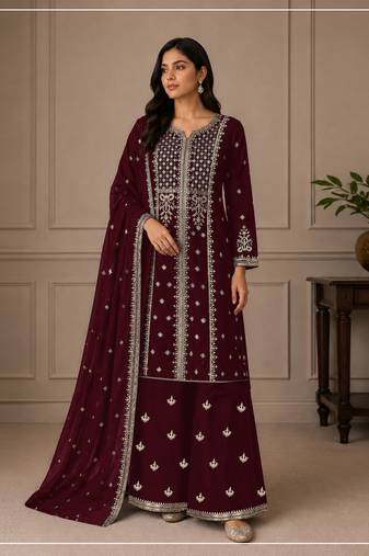 Maroon color embroideried faux georgette semi stitched salwar suit