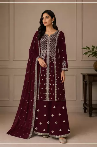 Maroon color embroideried faux georgette semi stitched salwar suit