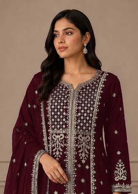 Maroon color embroideried faux georgette semi stitched salwar suit 2