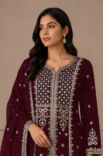 Maroon color embroideried faux georgette semi stitched salwar suit