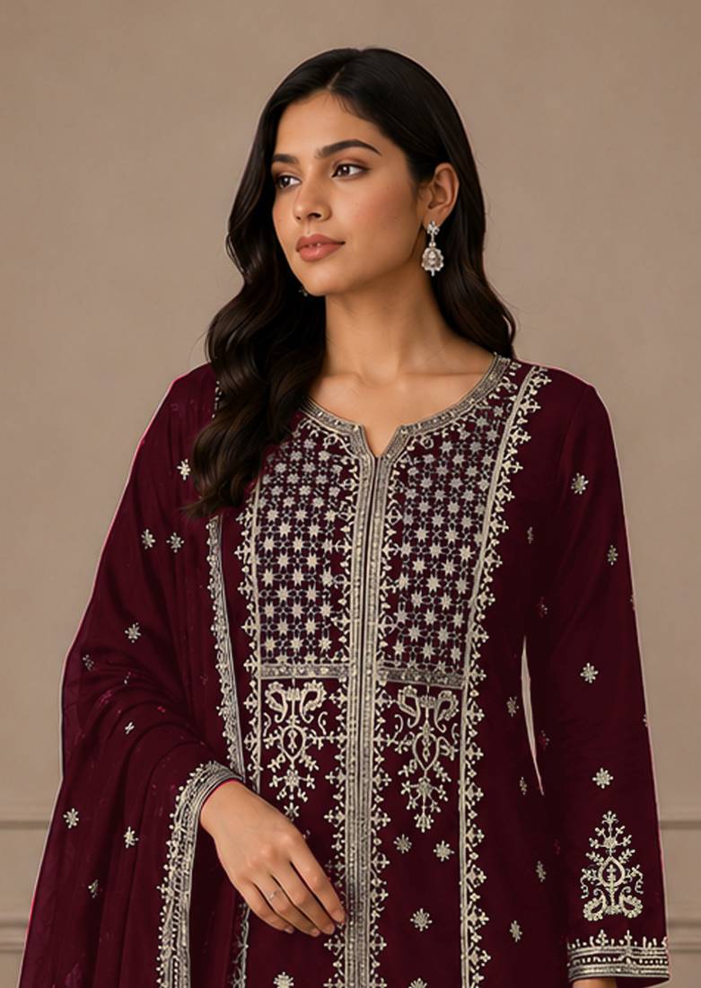 Maroon color embroideried faux georgette semi stitched salwar suit