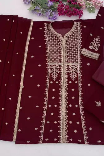 Maroon color embroideried faux georgette semi stitched salwar suit