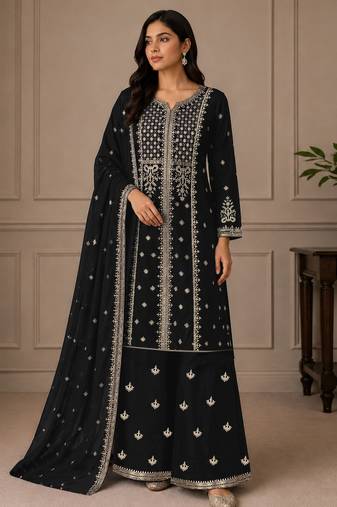 Black color embroideried faux georgette semi stitched salwar suit