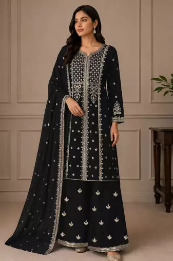 Black color embroideried faux georgette semi stitched salwar suit