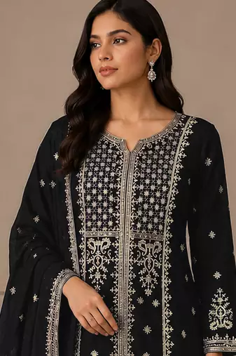 Black color embroideried faux georgette semi stitched salwar suit
