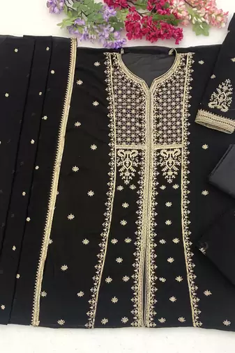 Black color embroideried faux georgette semi stitched salwar suit