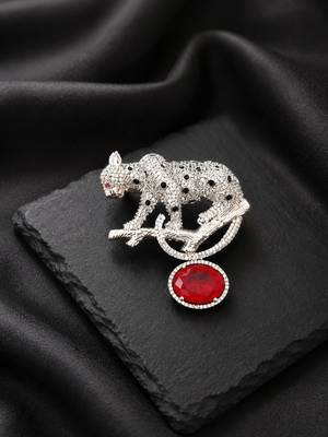 Silver rhodium plated leopard brooch with red crystal drop  1