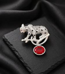 Silver rhodium plated leopard brooch with red crystal drop 