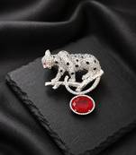 Silver rhodium plated leopard brooch with red crystal drop 