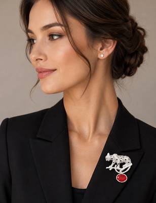 Silver rhodium plated leopard brooch with red crystal drop  3