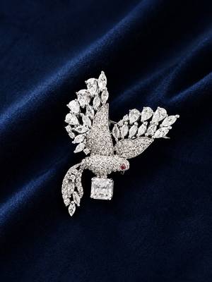 Silver rhodium plated flying bird brooch with silver crystal  1