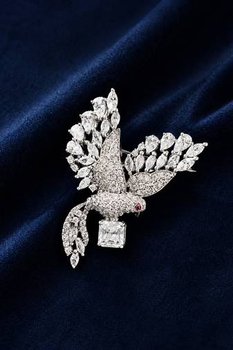 Silver rhodium plated flying bird brooch with silver crystal 