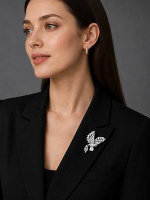 Silver rhodium plated flying bird brooch with silver crystal  2