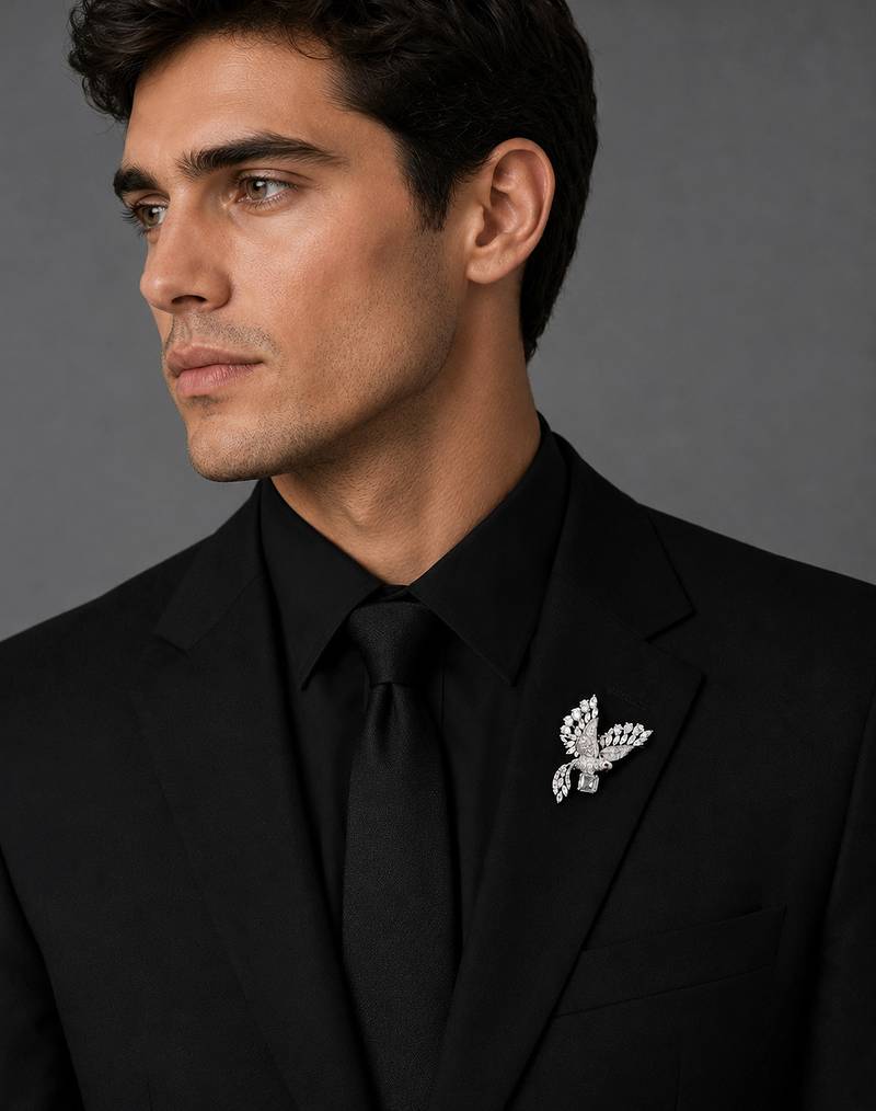 Silver rhodium plated flying bird brooch with silver crystal 
