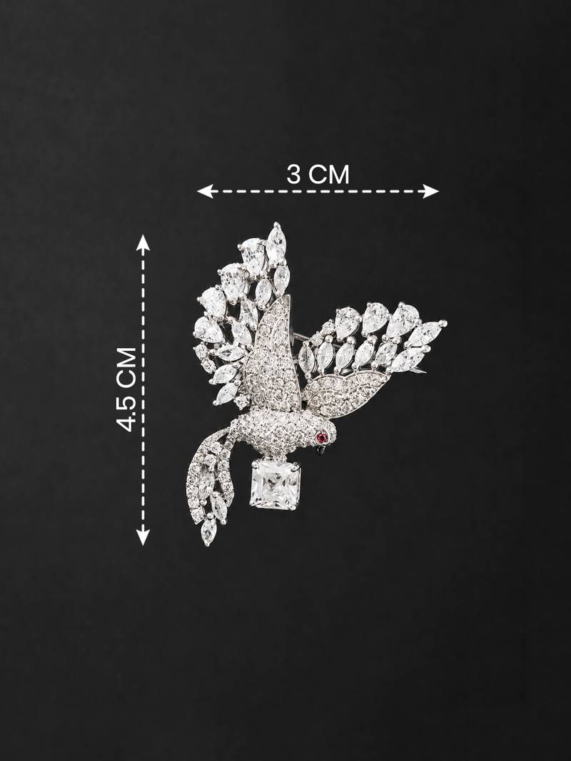 Silver rhodium plated flying bird brooch with silver crystal 