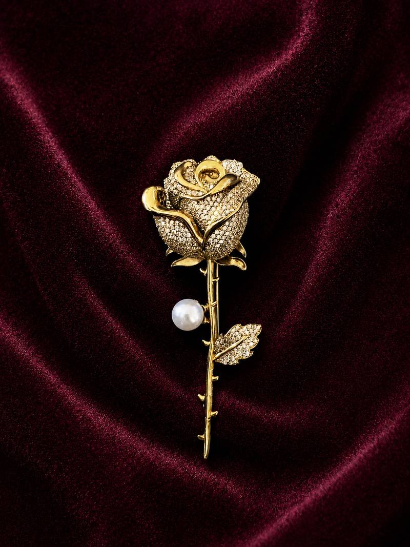 Gold plated rose flower pearl brooch for women |