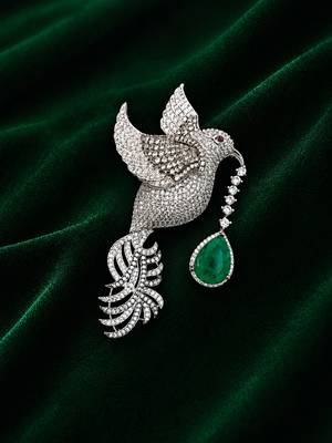 Silver-toned flying bird brooch with green teardrop crystal  1