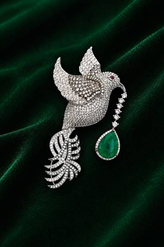 Silver-toned flying bird brooch with green teardrop crystal 