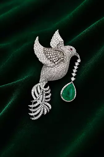 Silver-toned flying bird brooch with green teardrop crystal 