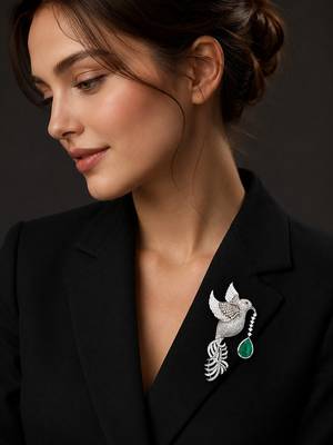 Silver-toned flying bird brooch with green teardrop crystal  2