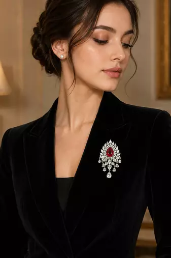 Luxury ruby red crystal statement brooch pin for women silver plated 