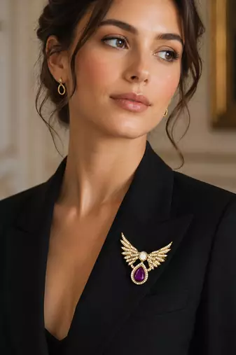Royal wing design purple crystal statement brooch pin for women