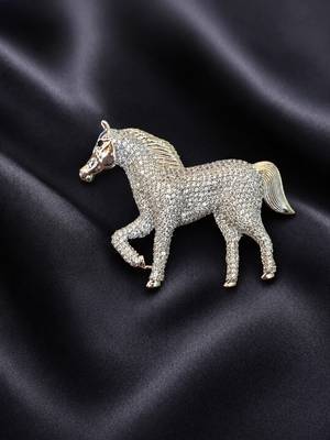 Elegant crystal studded horse designer brooch pin for women | silver tone animal brooch  1