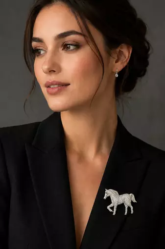 Elegant crystal studded horse designer brooch pin for women | silver tone animal brooch 