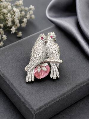 Designer love birds brooch pin with pink crystal & cubic zirconia  1