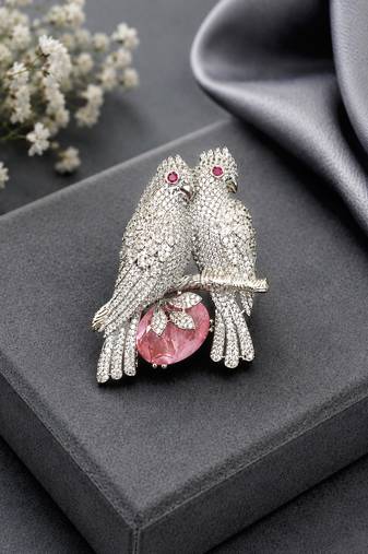 Designer love birds brooch pin with pink crystal & cubic zirconia 