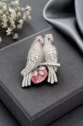 Designer love birds brooch pin with pink crystal & cubic zirconia 
