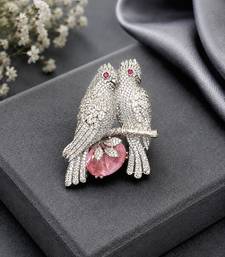 Designer love birds brooch pin with pink crystal & cubic zirconia 