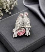 Designer love birds brooch pin with pink crystal & cubic zirconia 