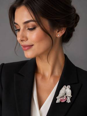 Designer love birds brooch pin with pink crystal & cubic zirconia  2