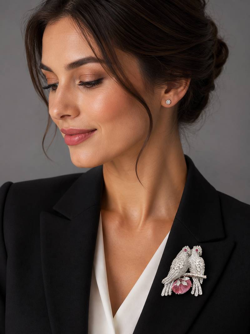 Designer love birds brooch pin with pink crystal & cubic zirconia 