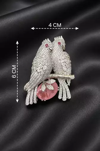 Designer love birds brooch pin with pink crystal & cubic zirconia 