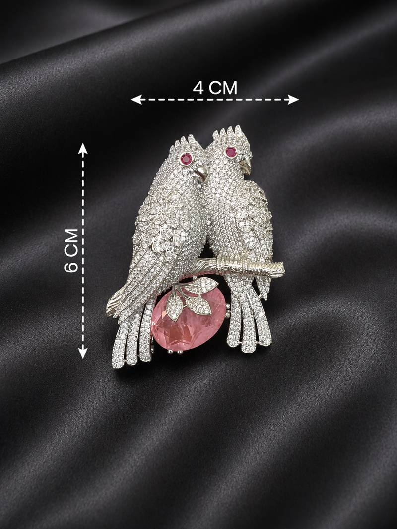 Designer love birds brooch pin with pink crystal & cubic zirconia 