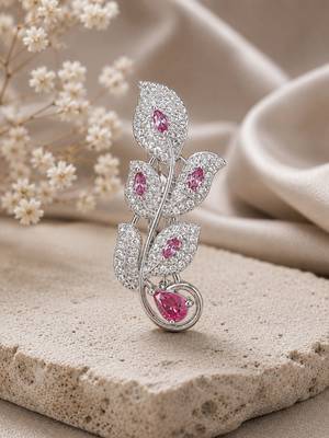Designer silver-toned pink sapphire leaf brooch pin with cubic zirconia floral brooch for women 1