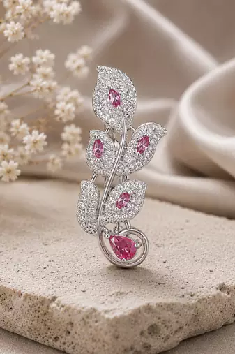 Designer silver-toned pink sapphire leaf brooch pin with cubic zirconia floral brooch for women