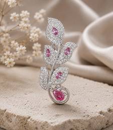 Designer silver-toned pink sapphire leaf brooch pin with cubic zirconia floral brooch for women