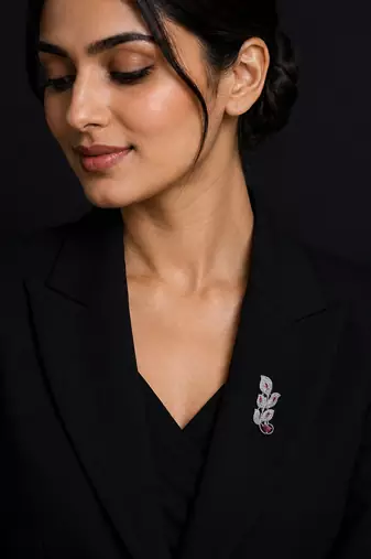 Designer silver-toned pink sapphire leaf brooch pin with cubic zirconia floral brooch for women