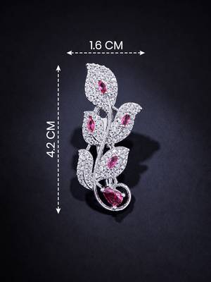 Designer silver-toned pink sapphire leaf brooch pin with cubic zirconia floral brooch for women 3