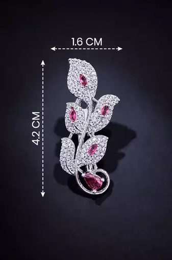 Designer silver-toned pink sapphire leaf brooch pin with cubic zirconia floral brooch for women