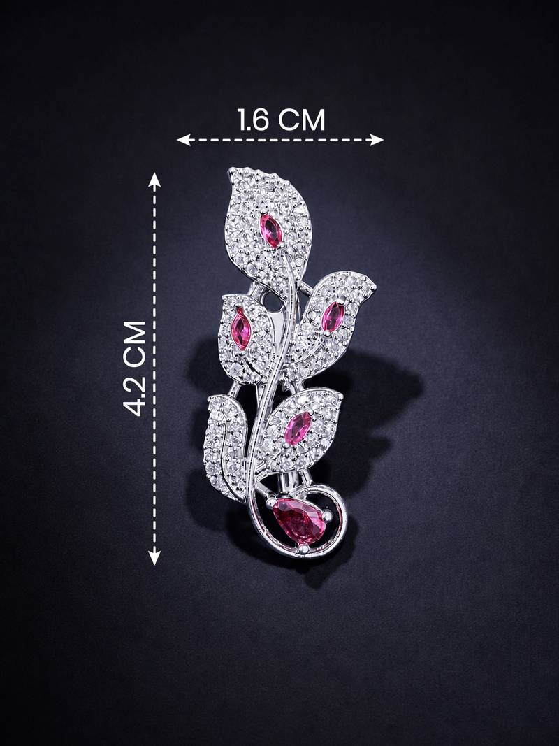 Designer silver-toned pink sapphire leaf brooch pin with cubic zirconia floral brooch for women
