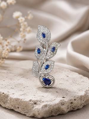 Designer silver-toned blue sapphire leaf brooch pin with cubic zirconia  1